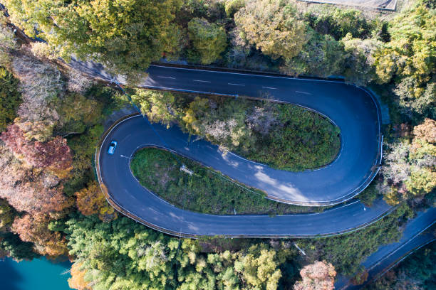 A view from the sky. A bird's eye view. Drone. The view is nice. A road like art.