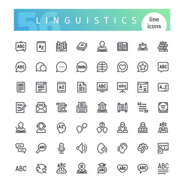 ilustrações de stock, clip art, desenhos animados e ícones de linguistics line icons set - dictionary alphabet letter text