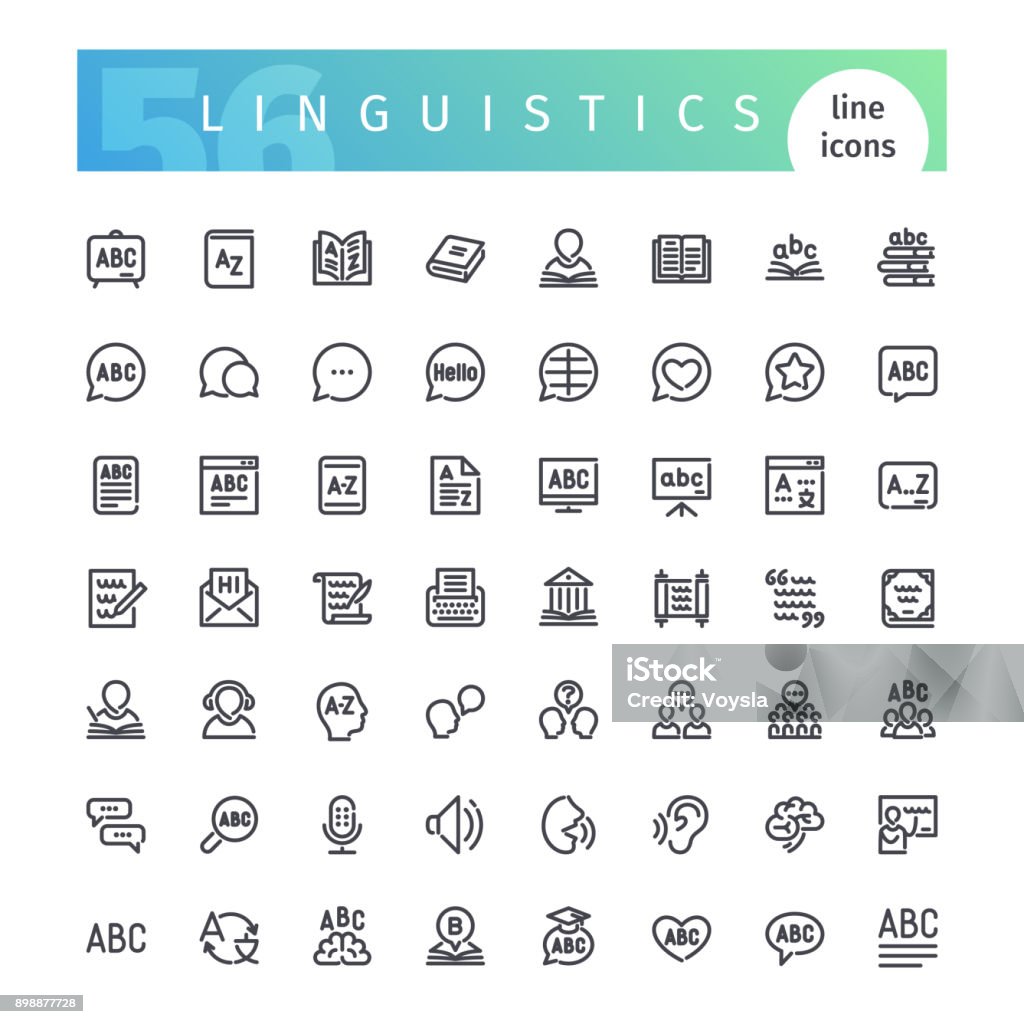 Linguistics Line Icons Set Set of 56 linguistics line icons suitable for web, infographics and apps. Isolated on white background. Clipping paths included. Icon Symbol stock vector