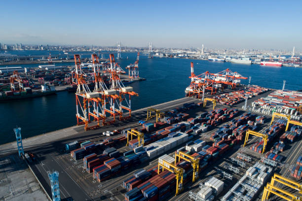 drone shooting. harbor, overhead view, sea. cargo crane. - harbor cargo container commercial dock container imagens e fotografias de stock