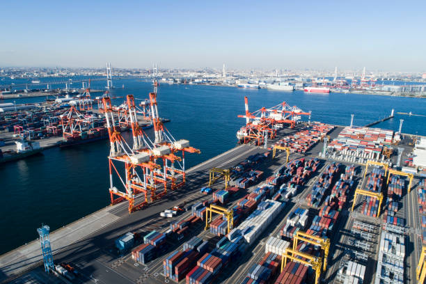istock Drone shooting. Harbor, overhead view, sea. Cargo crane. 898877930