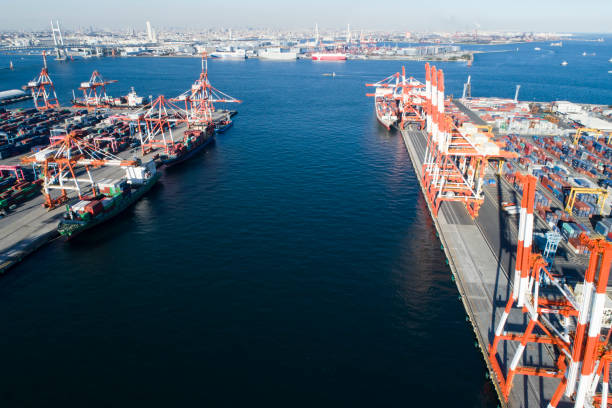istock Drone shooting. Harbor, overhead view, sea. Cargo crane. 898877932