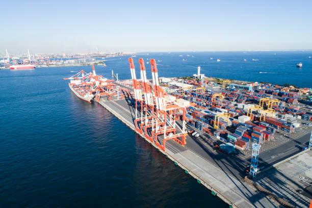 istock Drone shooting. Harbor, overhead view, sea. Cargo crane. 898877996