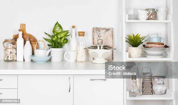 Kitchen Bench And Shelf With Various Utensils On White Background Stock Photo - Download Image Now