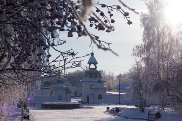 istock Branch tree and church sunlight winter season 898885056
