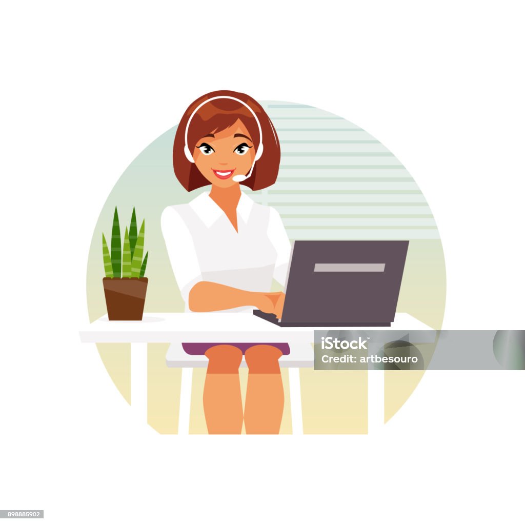 call center operator vector Female operator call center in headphones sitting in the office. Support. Vector illustration Call Center stock vector