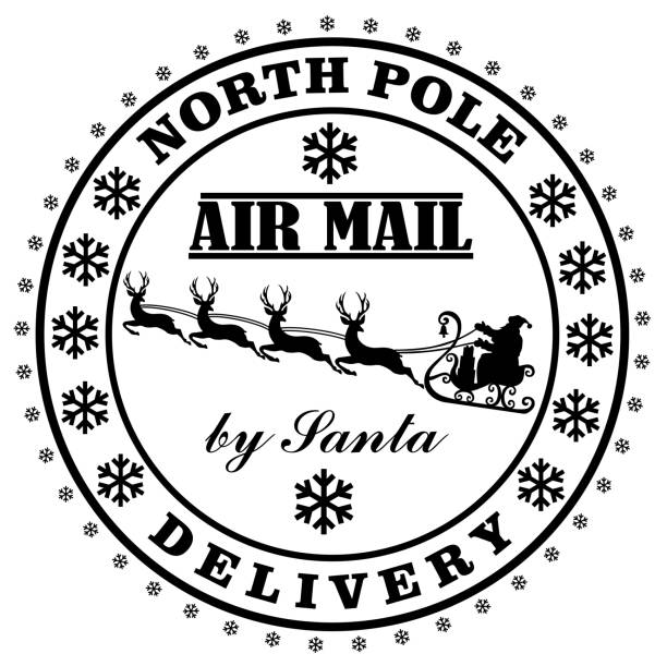 ilustraciones, imágenes clip art, dibujos animados e iconos de stock de entrega de polo norte por el sello de correos de santa - christmas santa claus north pole snow