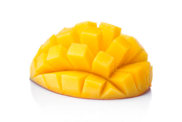 istock Chopped piece of ripe mango fruits isolated on white 898891432