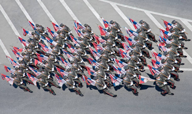 European street, Prague-October 28, 2018: Students of Military High School are marching on military parade for 100th anniversary of creation Czechoslovakia on October 28, 2018 in Prague, Czech Republic