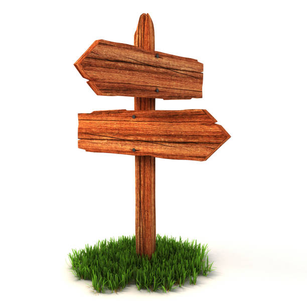 istock Old wooden empty signpost on grass isolated on white background 898895488