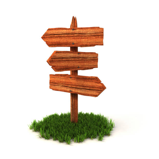 Old wooden empty signpost on grass isolated on white background
