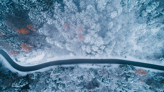 Scenic aerial view road in winter