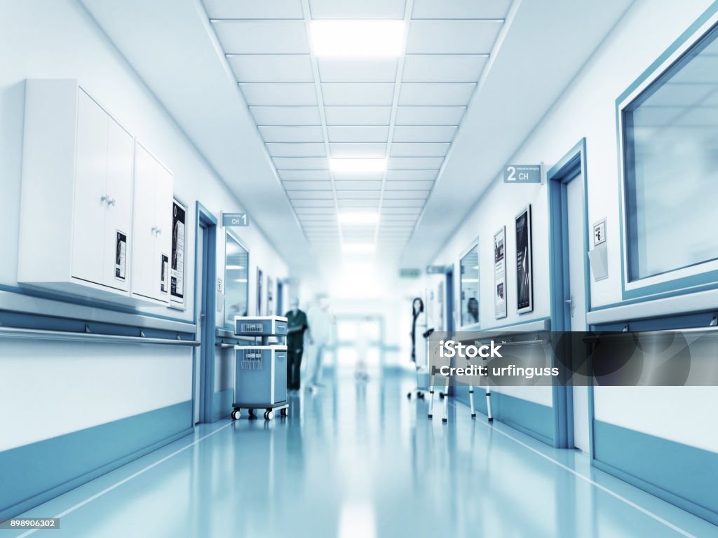 Medical concept. Hospital corridor with rooms Medical concept. Hospital corridor with rooms. 3d illustration Hospital Stock Photo