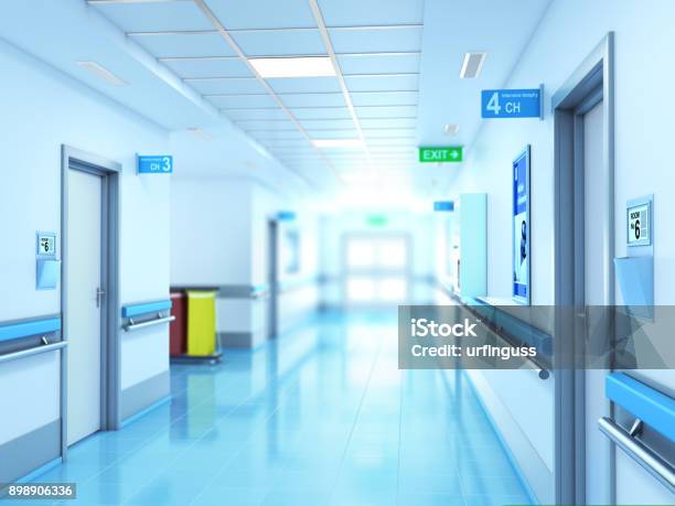 Medical Concept Hospital Corridor With Rooms Stock Photo - Download Image Now - Hospital, Indoors, Corridor