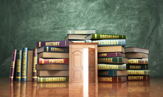 Education concept. Opened wooden door near stacks of books. Door to study. 3d illustration
