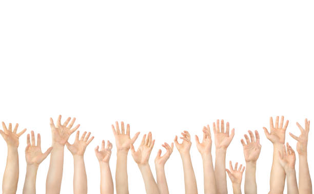 istock Many hands raised up in the air on white background 898907878