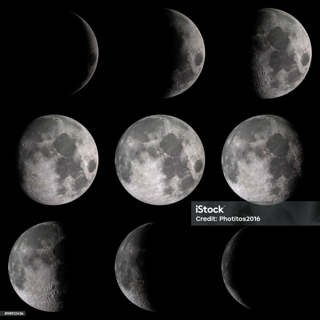 Moon phases detail Detail on moon phases over a black background. Elements of this image furnished by NASA. 3d render, 3d illustration Moon Stock Photo