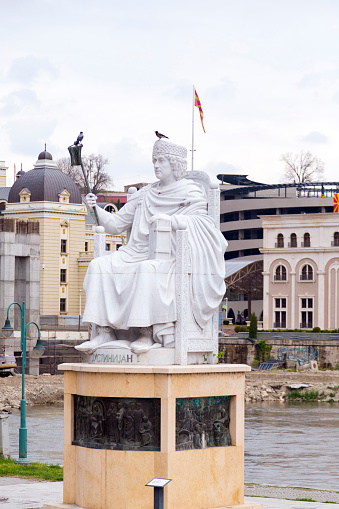 Skopje, Macedonia - April 4, 2017: Marble sculpture of Byzantine Emperor Justinian in Skopje, Macedonia