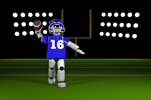 Quarterback robot throwing a football on the field, 3d rendering