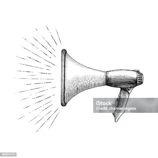 Megaphone Hand Drawing Vintage Style Stock Illustration - Download Image Now - Engraving, Megaphone, Communication