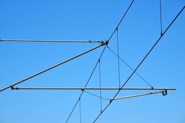 Overhead line - power lines for electric trains - railway electrification system seen against blue sky