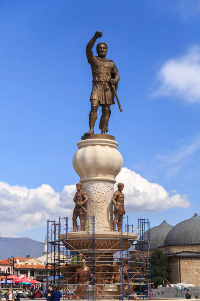 Memorial sculpture and fountain of Philip II, father of Alexander the Great, Skopje, Macedonia Skopje, Macedonia - April 5, 2017: Memorial sculpture and fountain of Philip II, father of Alexander the Great, Skopje, Macedonia prince phillip stock pictures, royalty-free photos & images