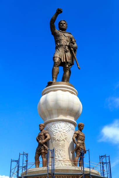 Memorial sculpture and fountain of Philip II, father of Alexander the Great, Skopje, Macedonia Skopje, Macedonia - April 5, 2017: Memorial sculpture and fountain of Philip II, father of Alexander the Great, Skopje, Macedonia prince phillip stock pictures, royalty-free photos & images