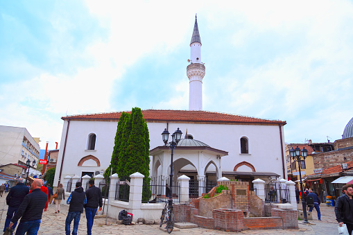 Skopje, Macedonia - April 9, 2017: Murat Pasha Mosque, an old Ottoman Turkish mosque in the Turkish neighborhood, Stara Carsija of Skopje, the Macedonian capital