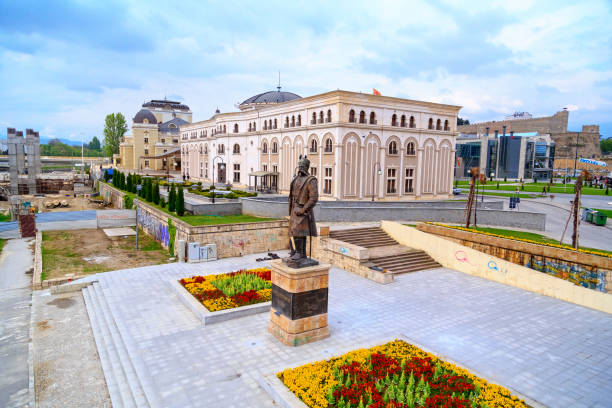 Skopje, Macedonia - April 4, 2017: View from downtown Skopje, the Macedonian capital. New and historic structures around Vardar River.