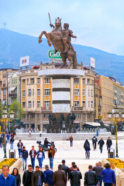 Skopje, Macedonia - April 4, 2017: Monument of Alexander the Great and falanga warriors at the Macedonian Square, downtown of Skopje, Macedonia