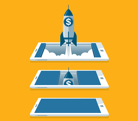 Successful startup. Vector illustration with rocket launch and mobile phone