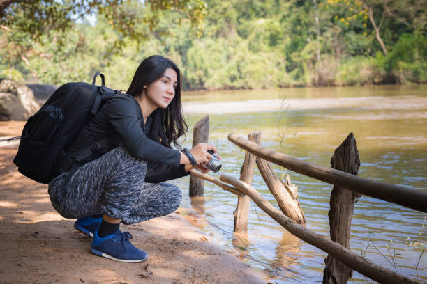 istock Asian woman backpack taking a photo with mirrorless camera 898936746