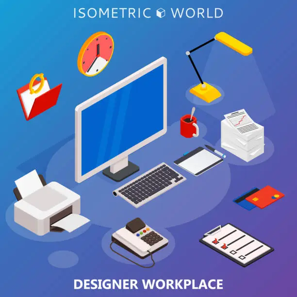 Vector illustration of Modern flat 3D isometric concept of workplace with computer and office equipment.