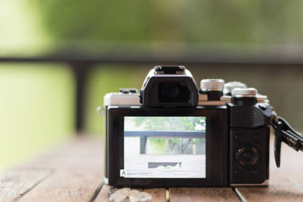istock Mirrorless camera white and black color on a old wooden Board 898940814