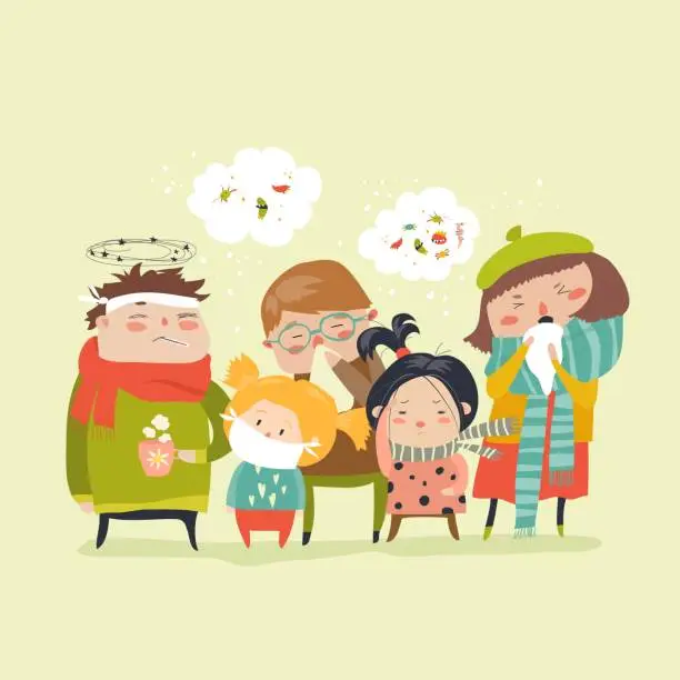 Vector illustration of Sick children with fever, illness