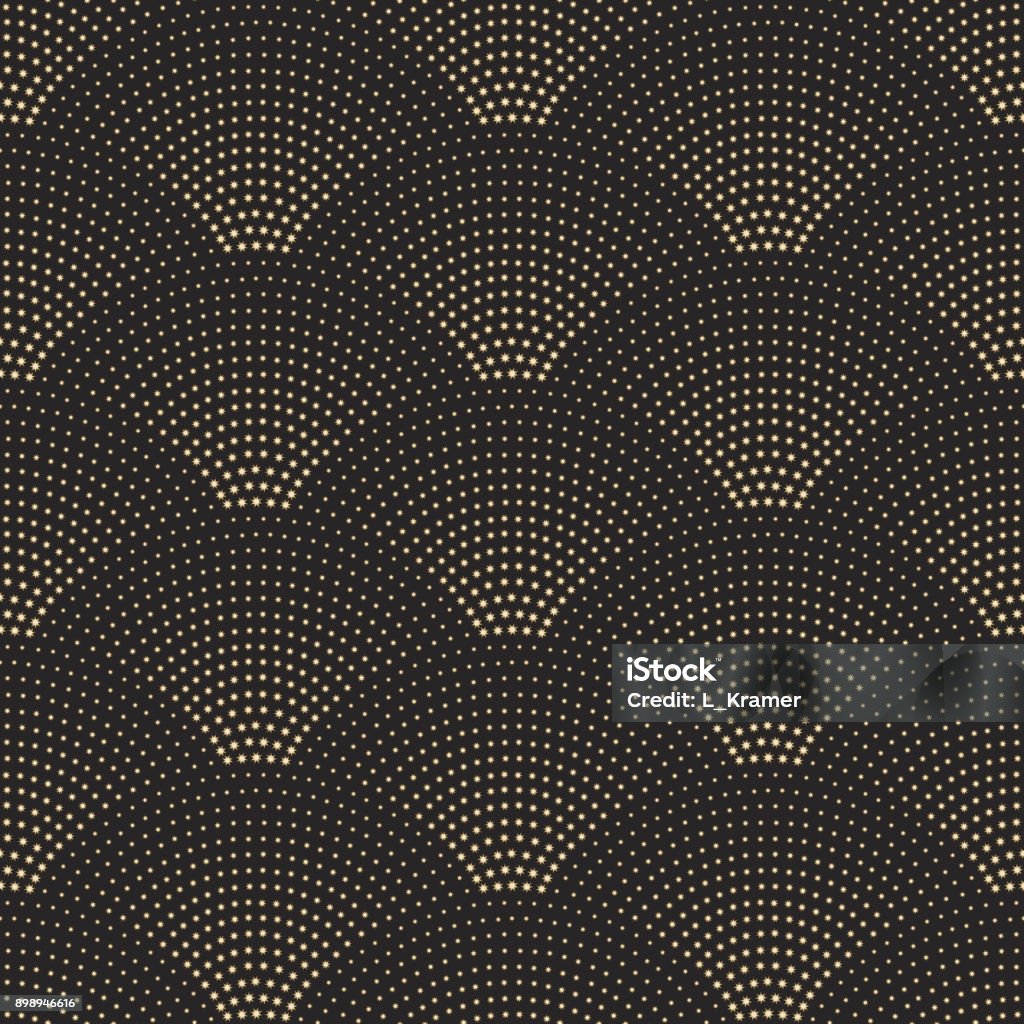 Vector abstract seamless wavy pattern with geometrical fish scale layout. Golden metallic stars on a dark black background. Fan shaped Christmas garlands. New Year snowflake holiday decoration. Art Deco stock vector