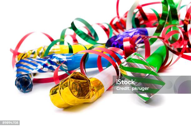 Party Blowers And Paper Streamers Stock Photo - Download Image Now - Blue, Celebration, Close-up