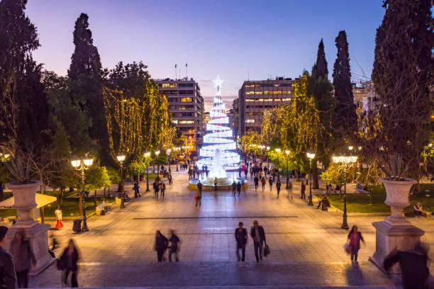 syntagma square with christmas tree_christmas 2017 stock photo