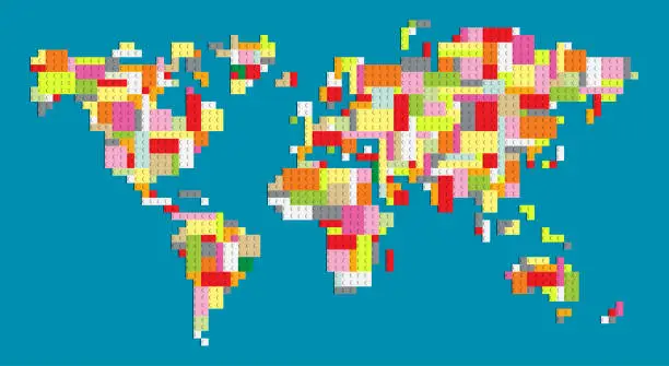 Vector illustration of colorful world map with building block bricks
