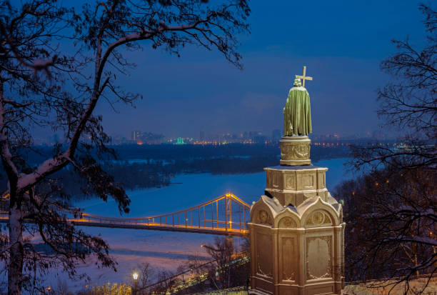 Illuminated Saint Vladimir Monument and pedestrian bridge