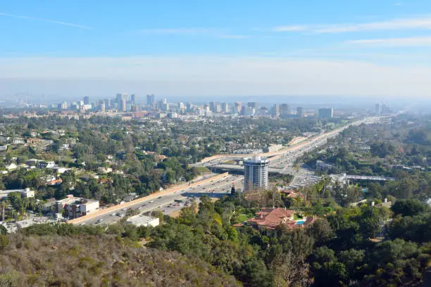 View over Los Angeles toward Century City district and San Diego freeway.
