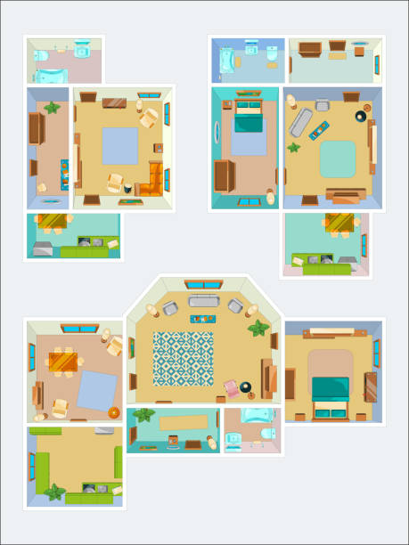 Drawings for the layout of the apartment. Top view vector pictures of kitchen, bathroom and living room Drawings for the layout of the apartment. Top view vector pictures of kitchen, bathroom and living room. Plan of interior apartment house illustration bedroom clipart stock illustrations