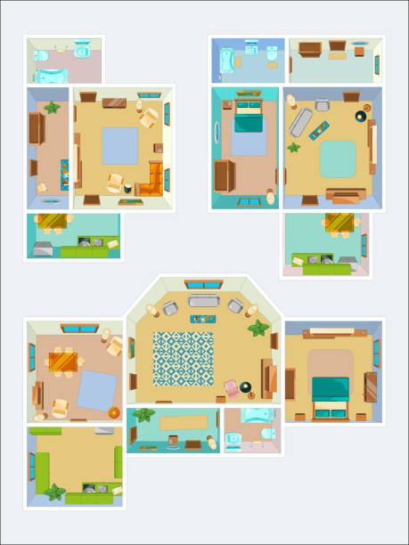 Drawings for the layout of the apartment. Top view vector pictures of kitchen, bathroom and living room Drawings for the layout of the apartment. Top view vector pictures of kitchen, bathroom and living room. Plan of interior apartment house illustration single dining chair stock illustrations