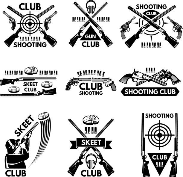 Labels set for shooting club. Illustrations of weapons, bullets, clay and guns Labels set for shooting club. Illustrations of weapons, bullets, clay and guns. Emblem shooting sport club, vector badge skeet target shooting stock illustrations