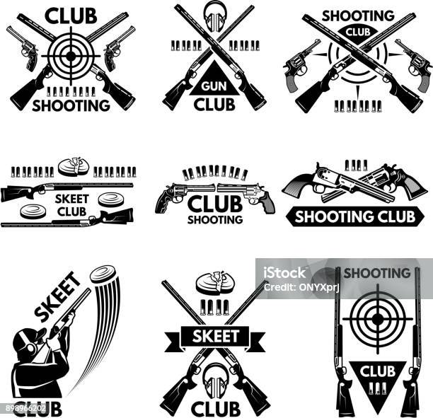 Labels Set For Shooting Club Illustrations Of Weapons Bullets Clay And Guns Stock Illustration - Download Image Now