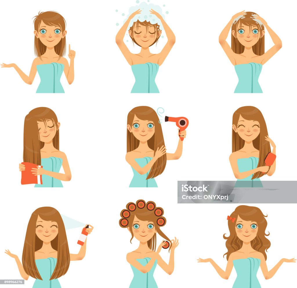 Health Hairs Protection Teen Washing Face And Long Hairs Stock Illustration  - Download Image Now - iStock