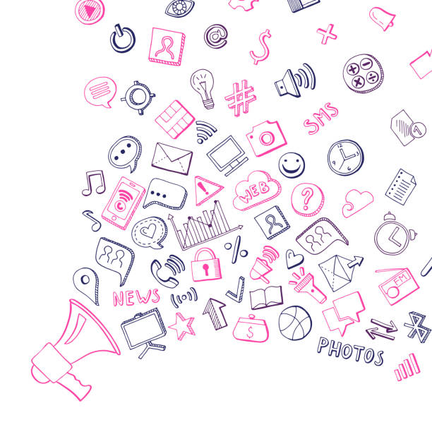 istock Vector social media hand drawn elements flying out of loudspeaker background 898966378