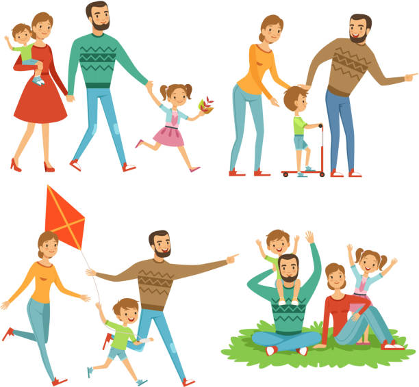 glückliche familie im park spazieren. lustige figuren set im cartoon-stil - vector nature cheerful son stock-grafiken, -clipart, -cartoons und -symbole