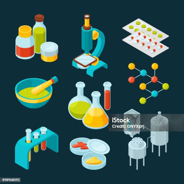 Isometric Icons Set Of Pharmaceutical Industry And Scientific Theme Stock Illustration - Download Image Now