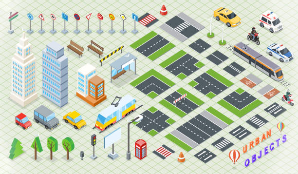 изометрическая часть городской инфраструктуры - isometric road intersection land vehicle street stock illustrations
